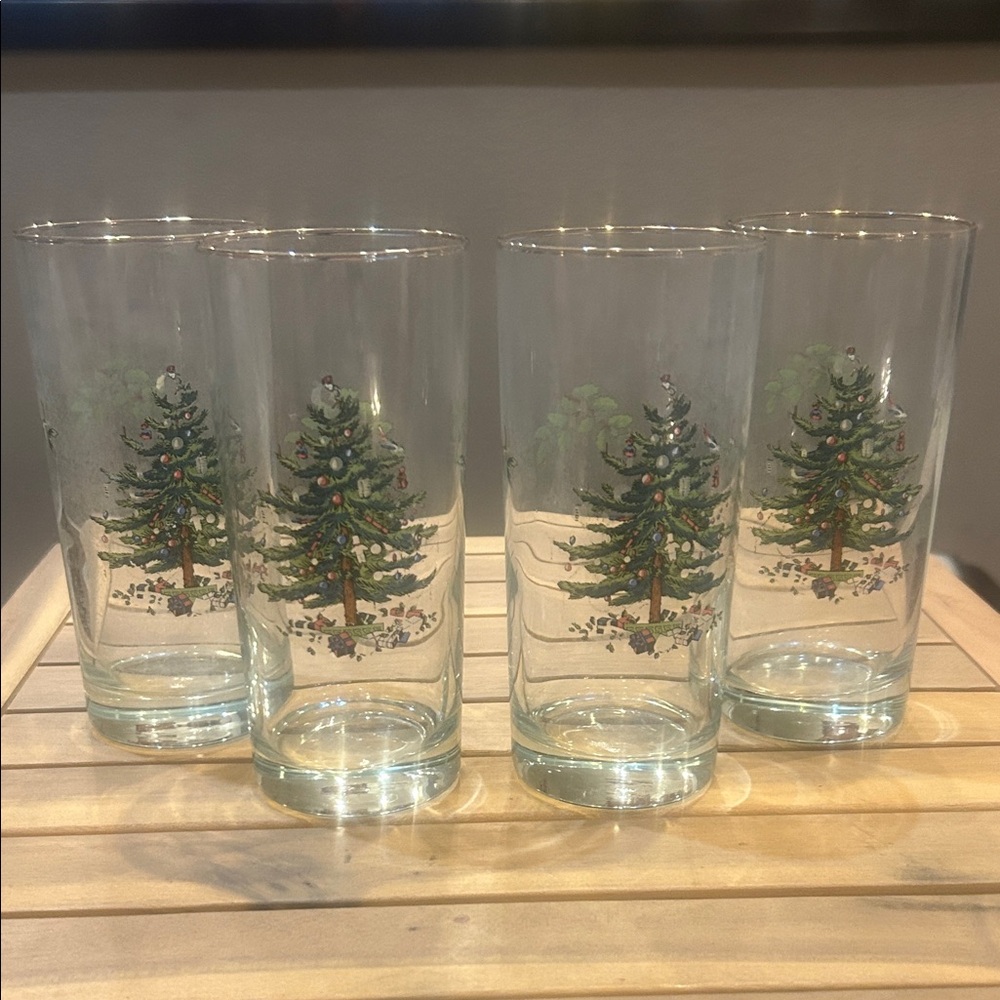 Spode Clear Glass Tumblers with Green Christmas Tree Motif - Set of 4